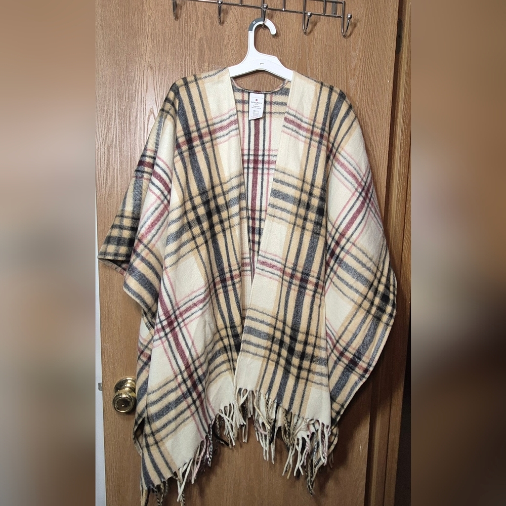 Woolrich Western Open Front Poncho Plaid Shawl Blanket Wrap Lagenlook Cape OS
